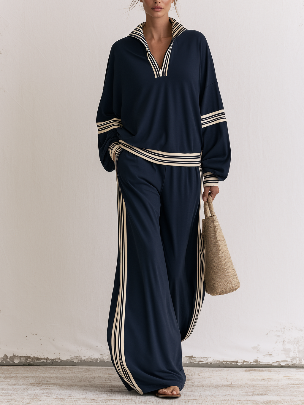 Navy Striped Half‑Zip Two‑Piece Tracksuit Set, Long Sleeve Top & Wide Leg Pants
