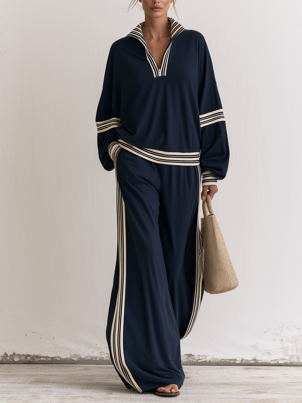 Navy Striped Half‑Zip Two‑Piece Tracksuit Set, Long Sleeve Top & Wide Leg Pants