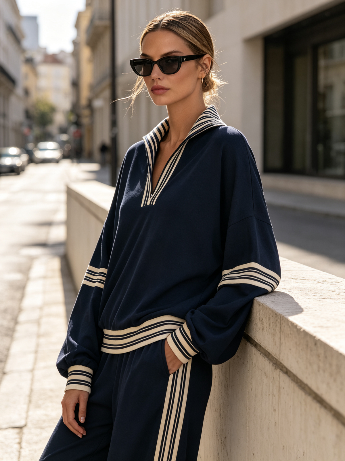 Navy Striped Half‑Zip Two‑Piece Tracksuit Set, Long Sleeve Top & Wide Leg Pants