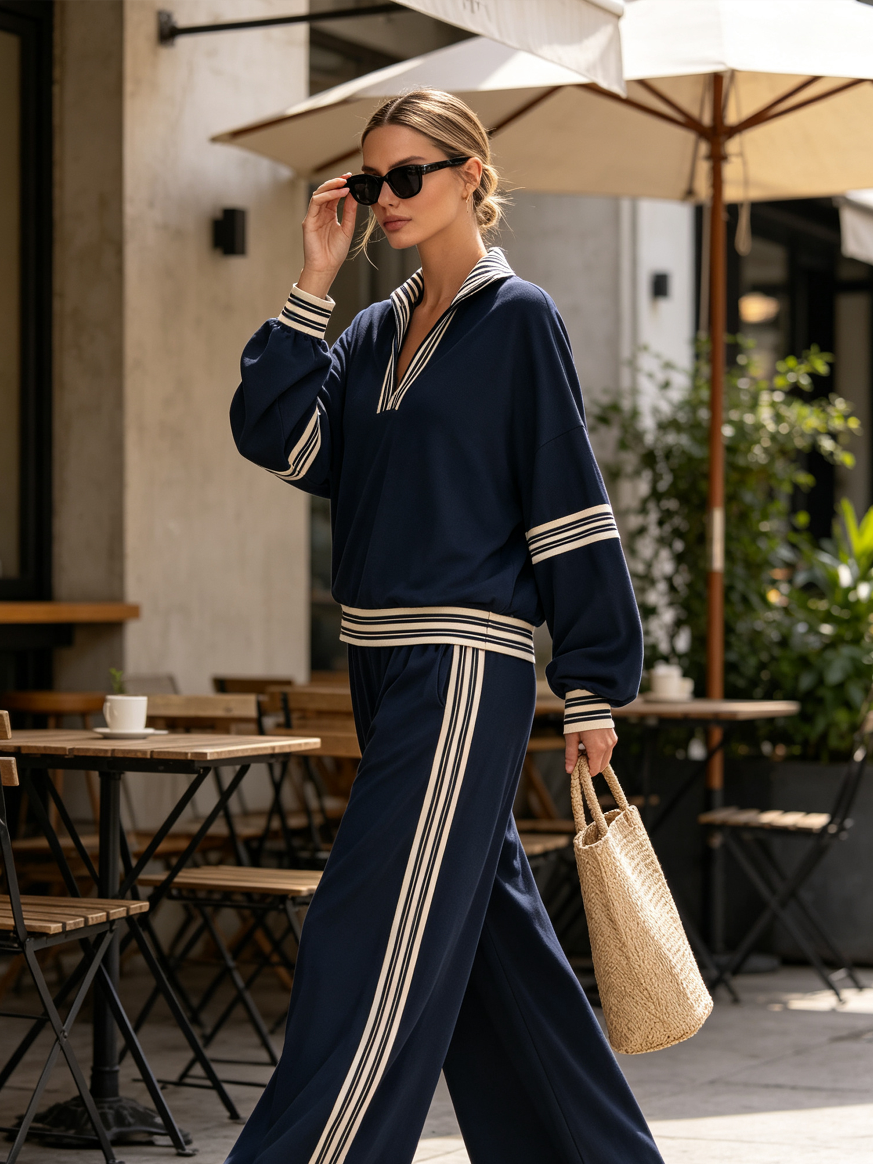 Navy Striped Half‑Zip Two‑Piece Tracksuit Set, Long Sleeve Top & Wide Leg Pants
