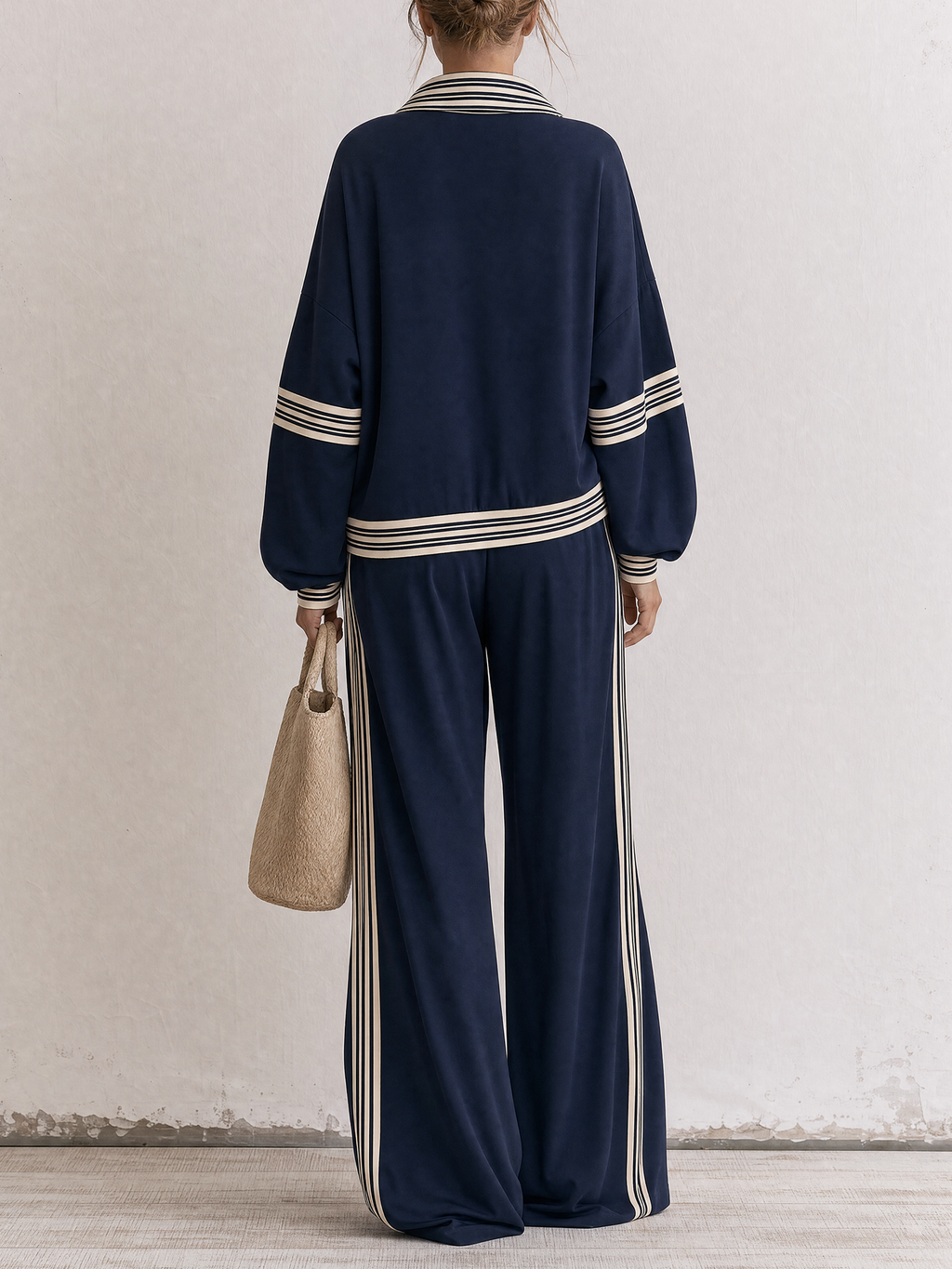 Navy Striped Half‑Zip Two‑Piece Tracksuit Set, Long Sleeve Top & Wide Leg Pants