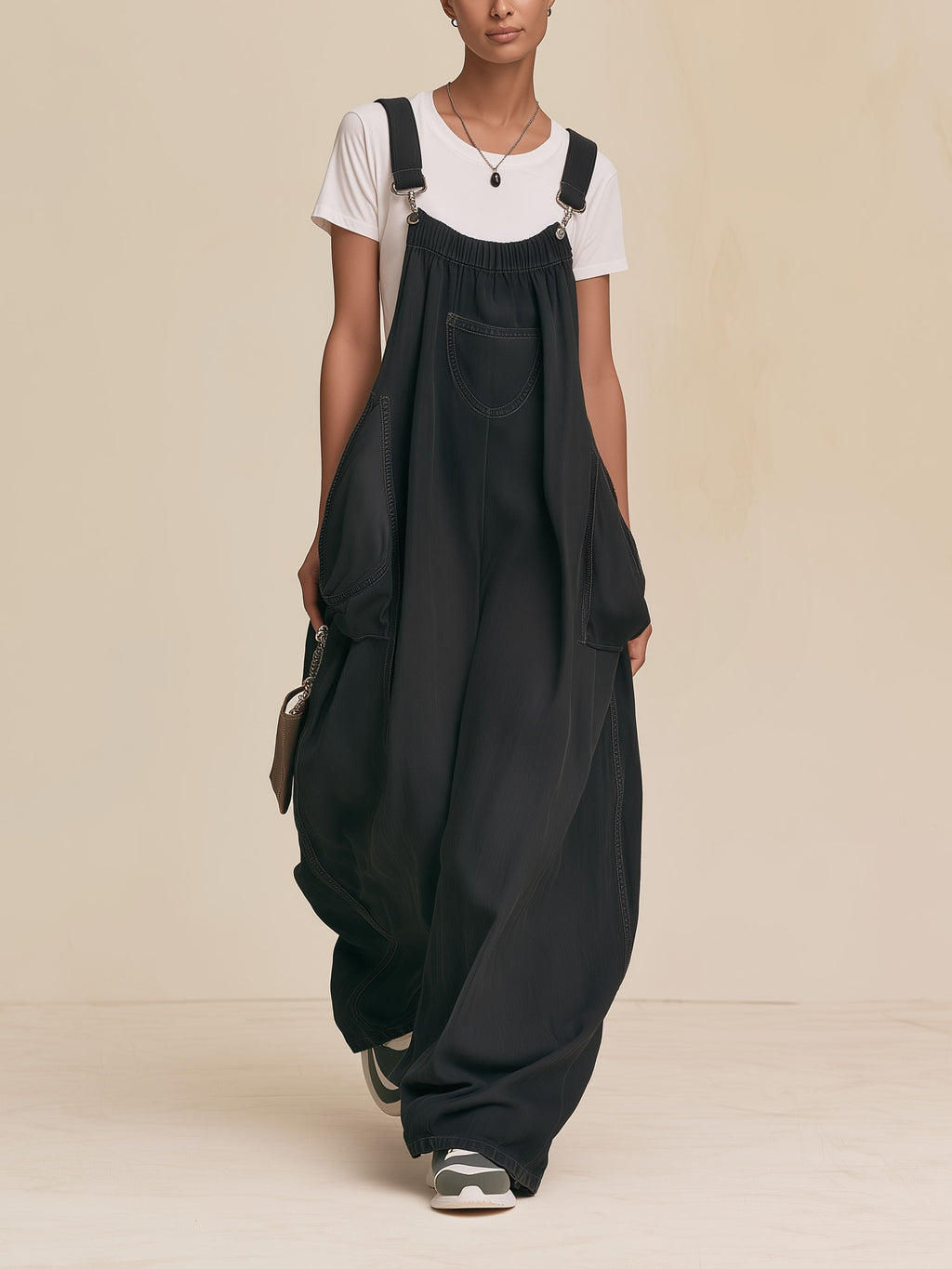 Oversized Wide‑Leg Denim Jumpsuit Overall With Multi Pockets