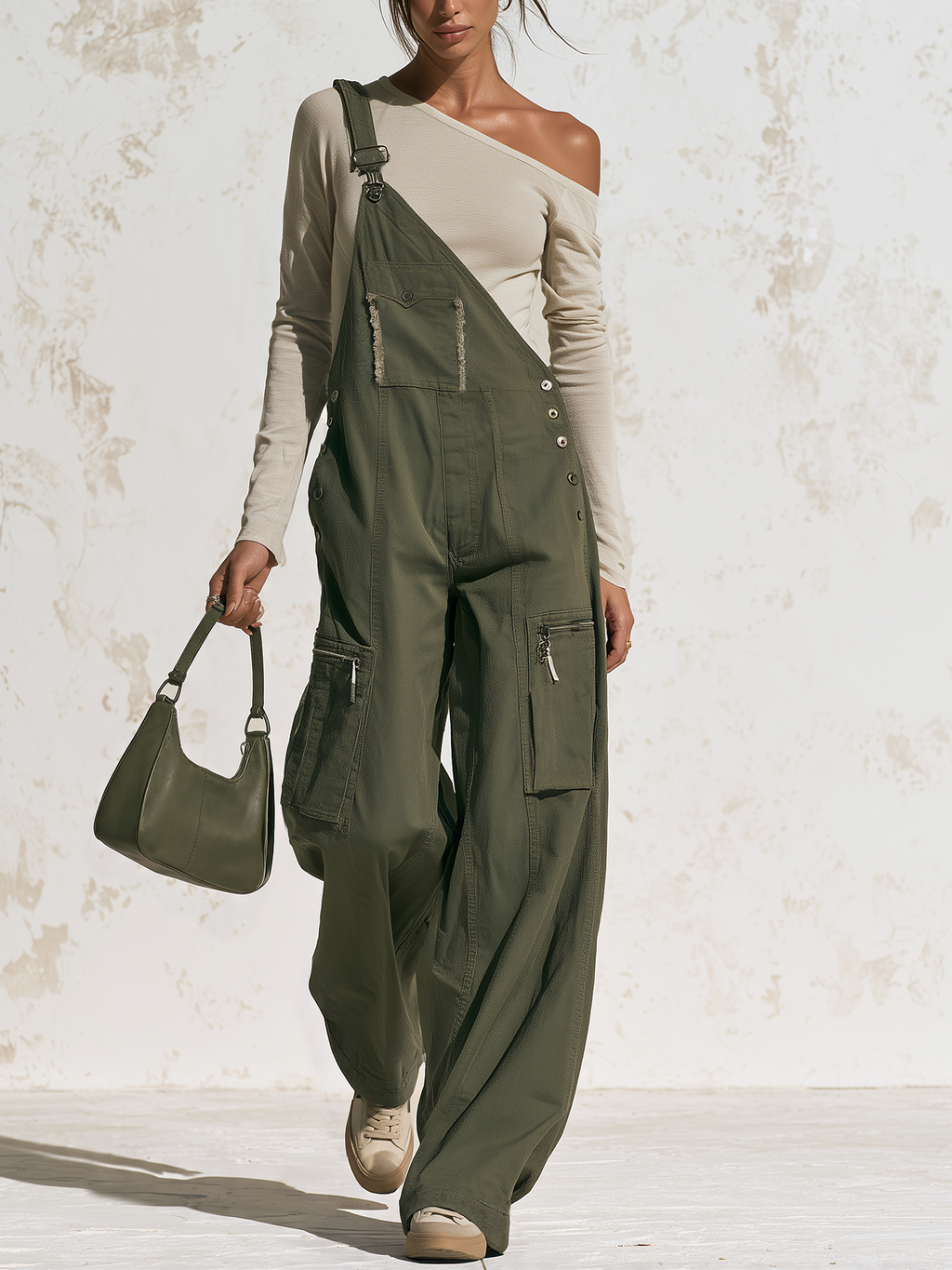 Frayed Detail Cargo Wide‑Leg Overalls Jumpsuit (Inner Top Not Included)