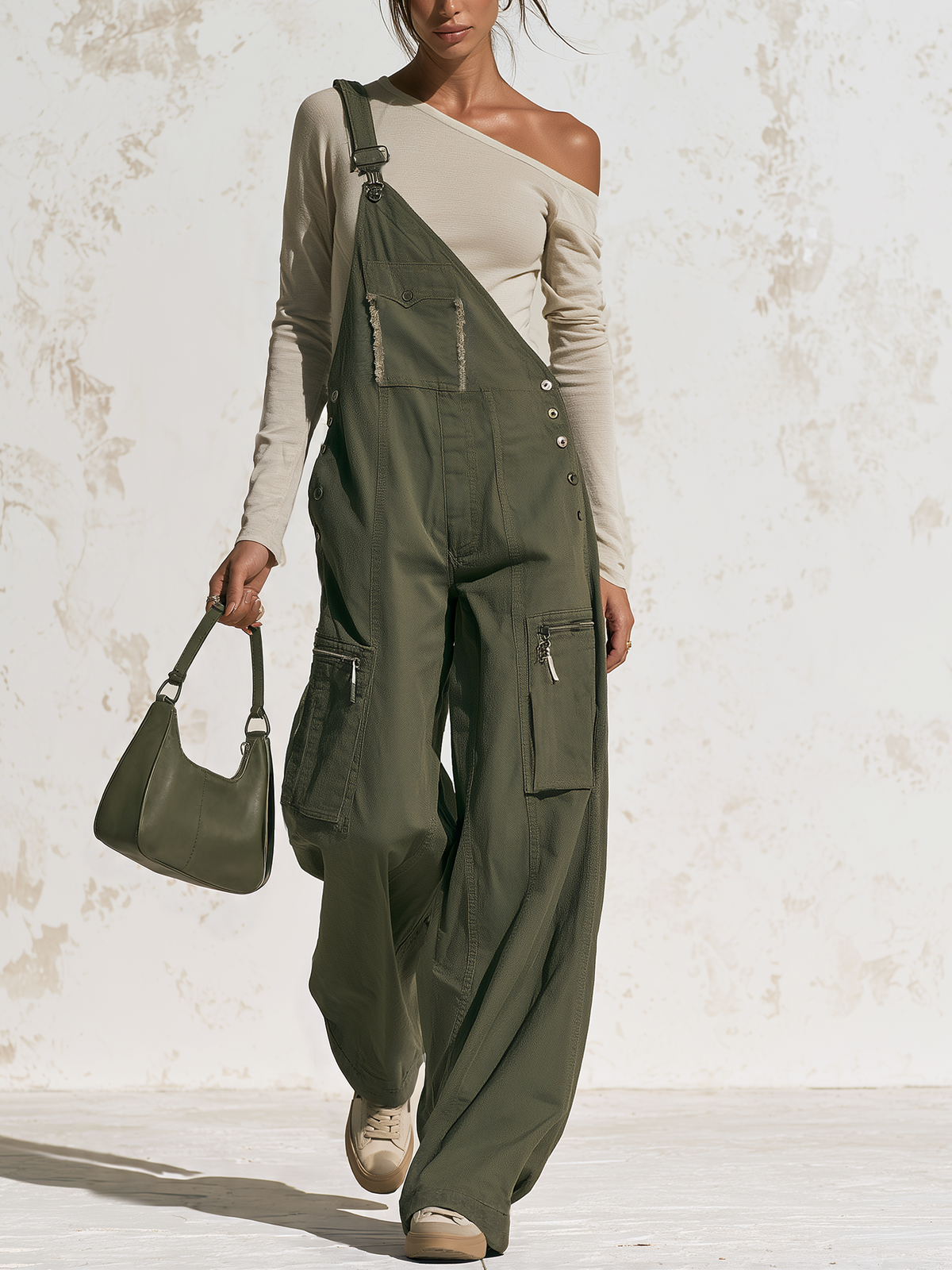 Frayed Detail Cargo Wide‑Leg Overalls Jumpsuit (Inner Top Not Included)