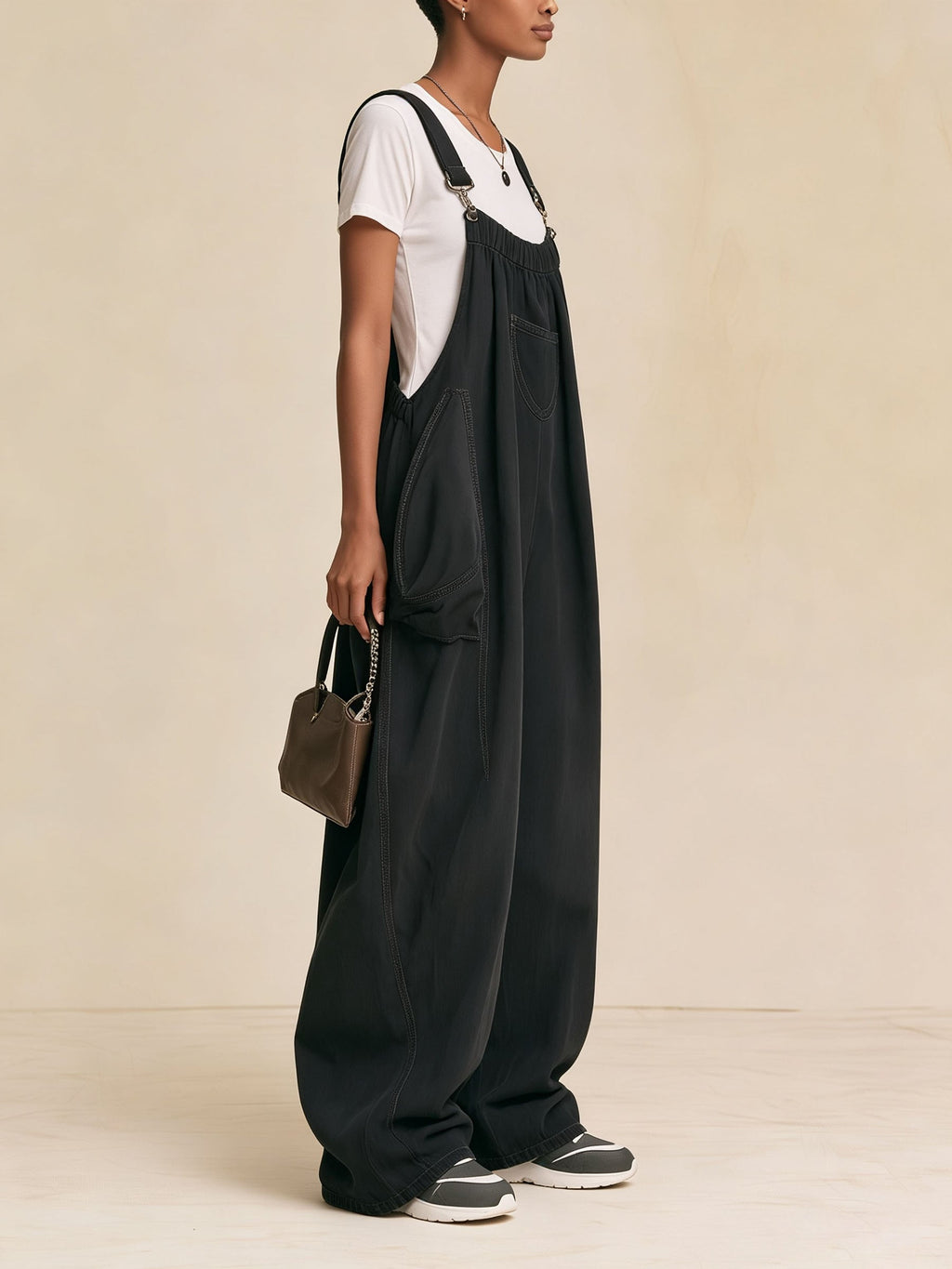 Oversized Wide‑Leg Denim Jumpsuit Overall With Multi Pockets