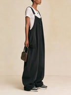 Oversized Wide‑Leg Denim Jumpsuit Overall With Multi Pockets