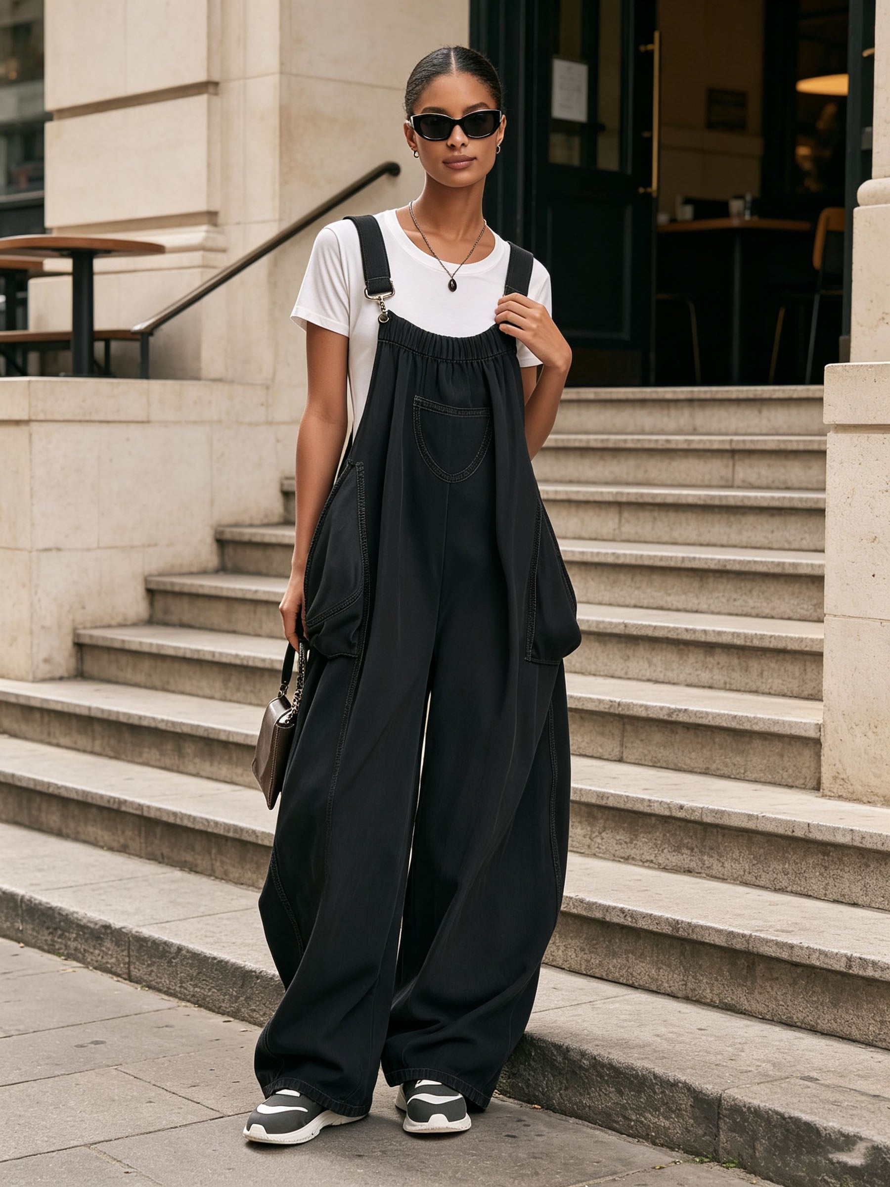 Oversized Wide‑Leg Denim Jumpsuit Overall With Multi Pockets
