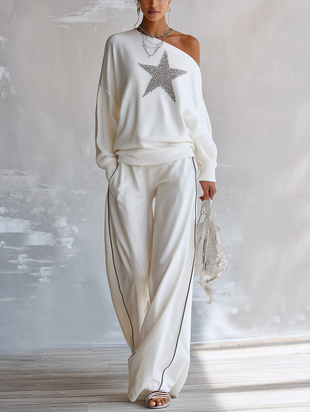 Elegant One-Shoulder Sequin Star Knit Sweater – Chic Oversized Knitted Statement Top