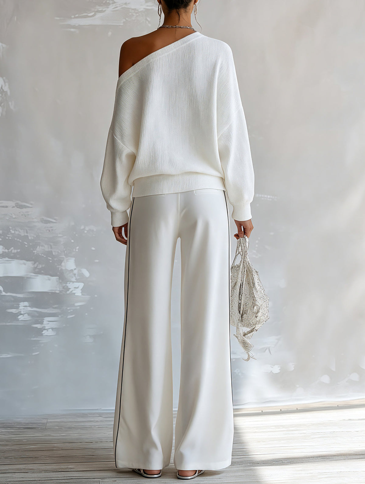 Elegant One-Shoulder Sequin Star Knit Sweater – Chic Oversized Knitted Statement Top