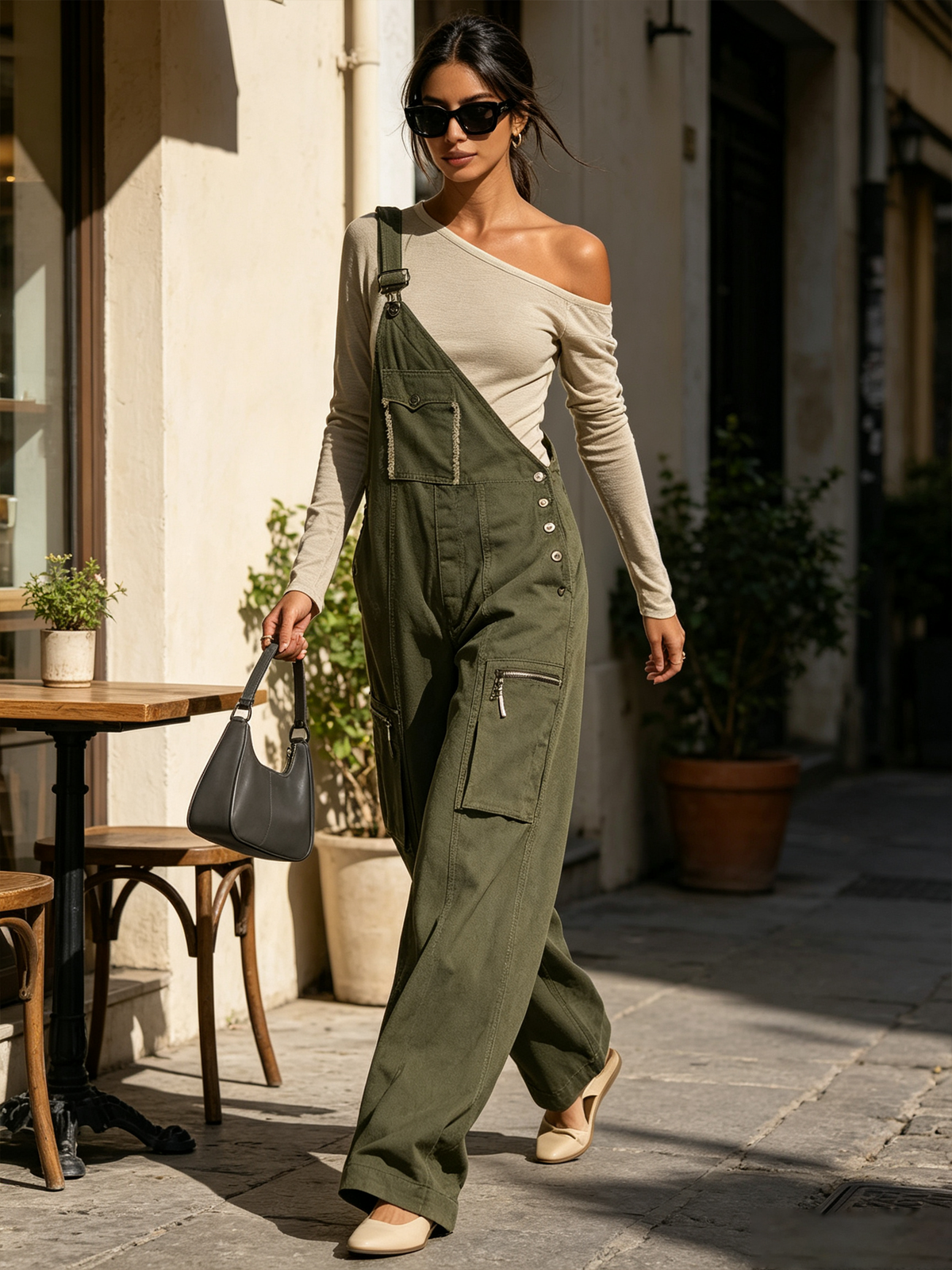 Frayed Detail Cargo Wide‑Leg Overalls Jumpsuit (Inner Top Not Included)