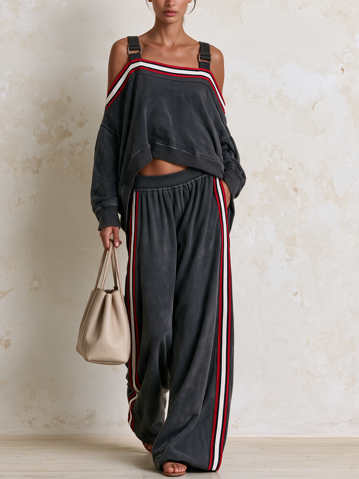 Striped Trim Cold‑Shoulder Suspender Sweatshirt Top & Wide‑Leg Pants Two‑Piece Set