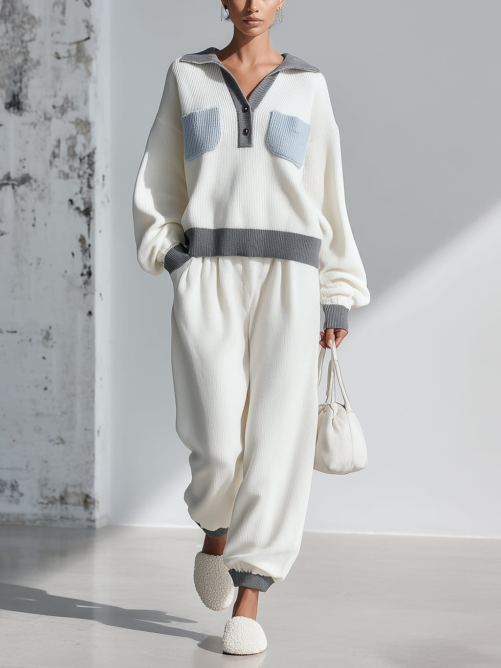 Women’s Cream & Gray Knit Two-Piece Lounge Set