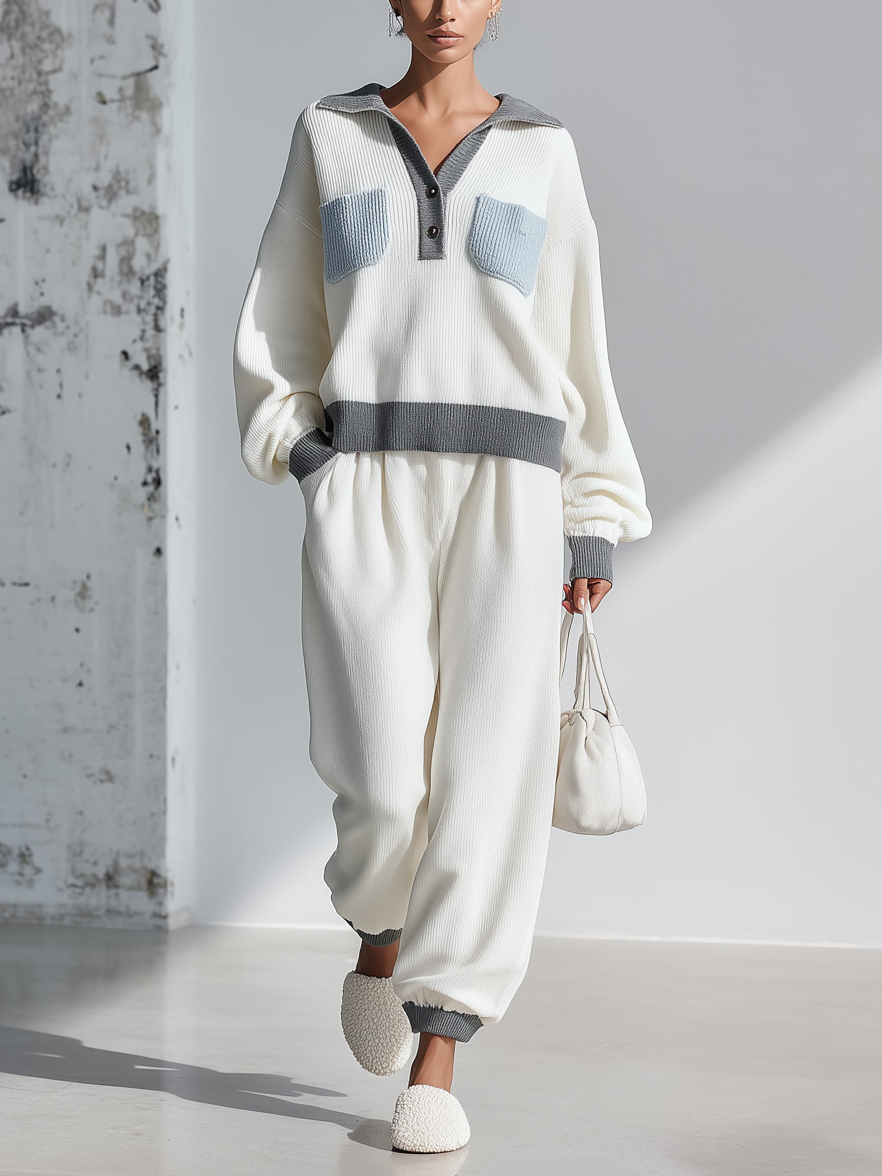 Women’s Cream & Gray Knit Two-Piece Lounge Set