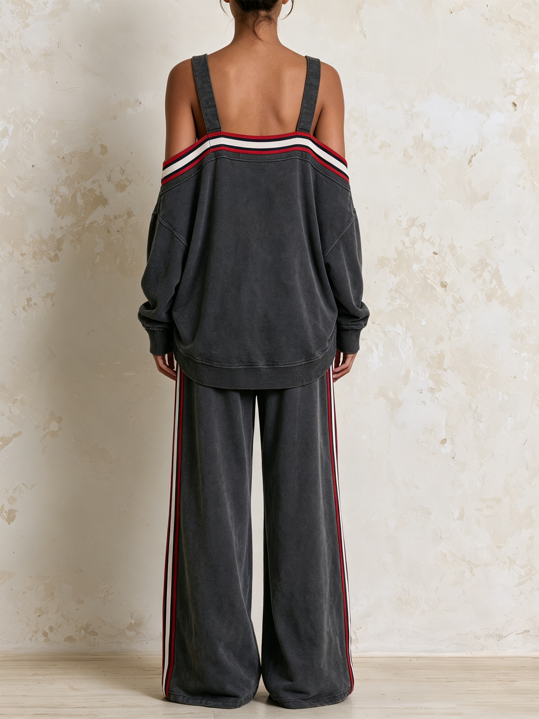 Striped Trim Cold‑Shoulder Suspender Sweatshirt Top & Wide‑Leg Pants Two‑Piece Set