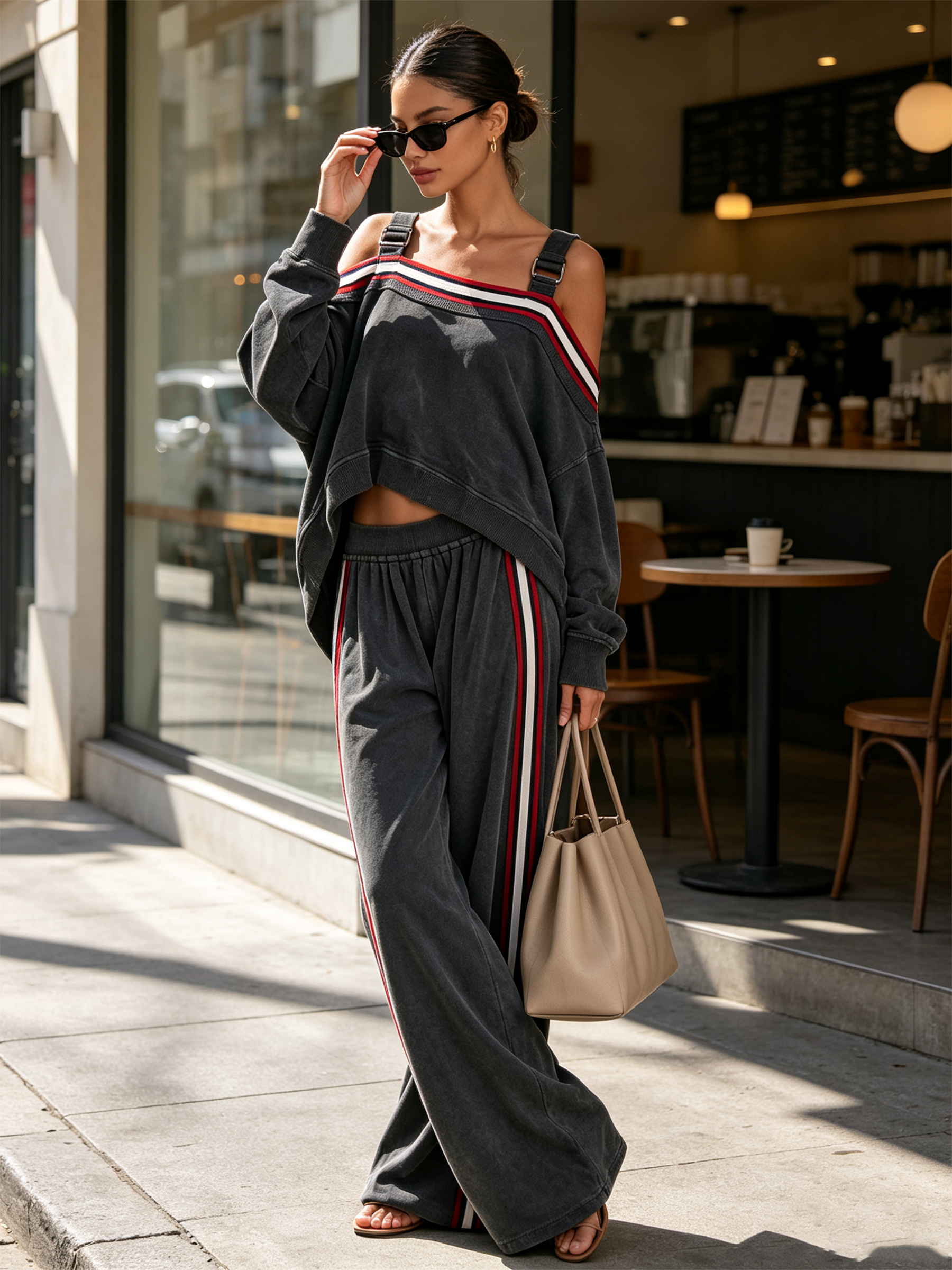 Striped Trim Cold‑Shoulder Suspender Sweatshirt Top & Wide‑Leg Pants Two‑Piece Set