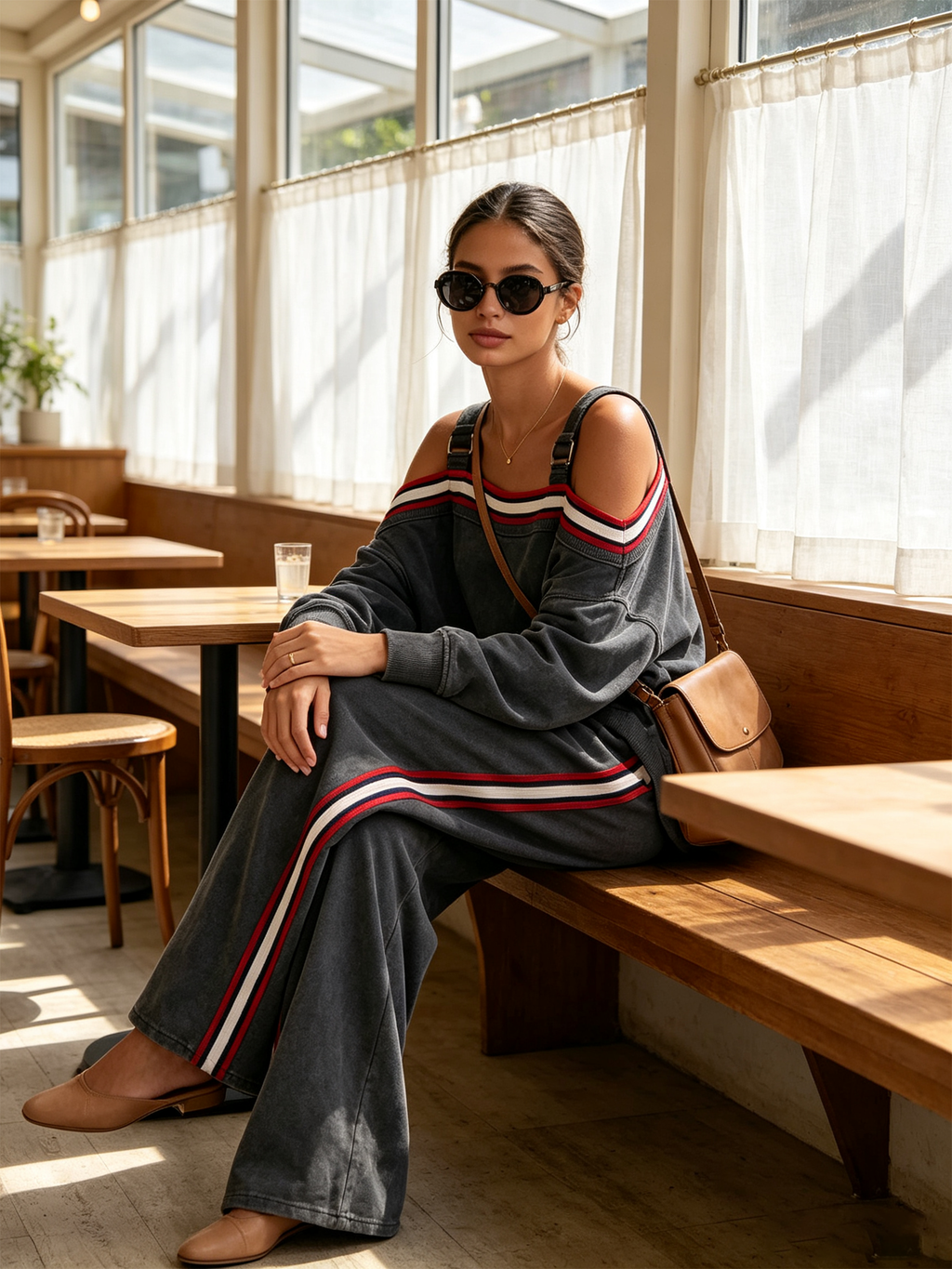 Striped Trim Cold‑Shoulder Suspender Sweatshirt Top & Wide‑Leg Pants Two‑Piece Set