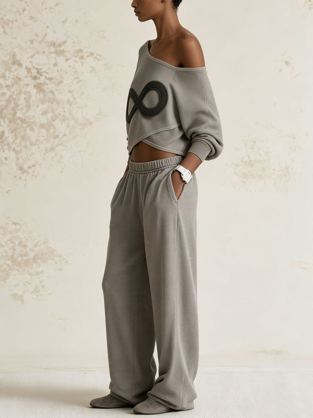 Infinity Patch Off‑Shoulder Cropped Sweatshirt & Baggy Sweatpants 2‑Piece Set