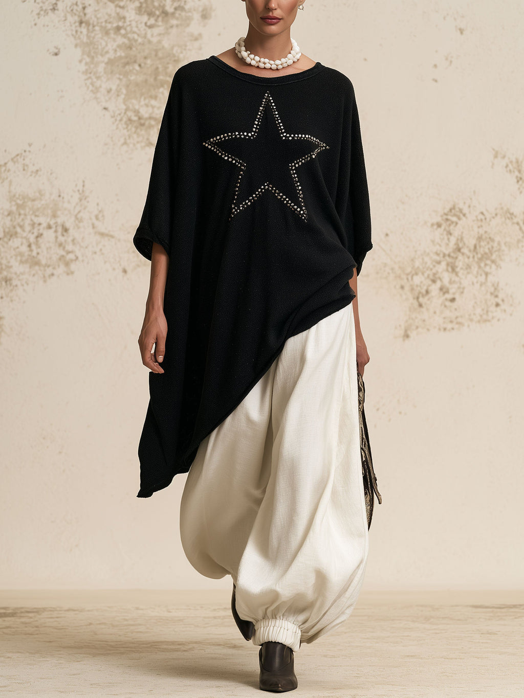 Rhinestone Star Asymmetrical Tunic Top & Linen‑Look Harem Pants 2‑Piece Outfit