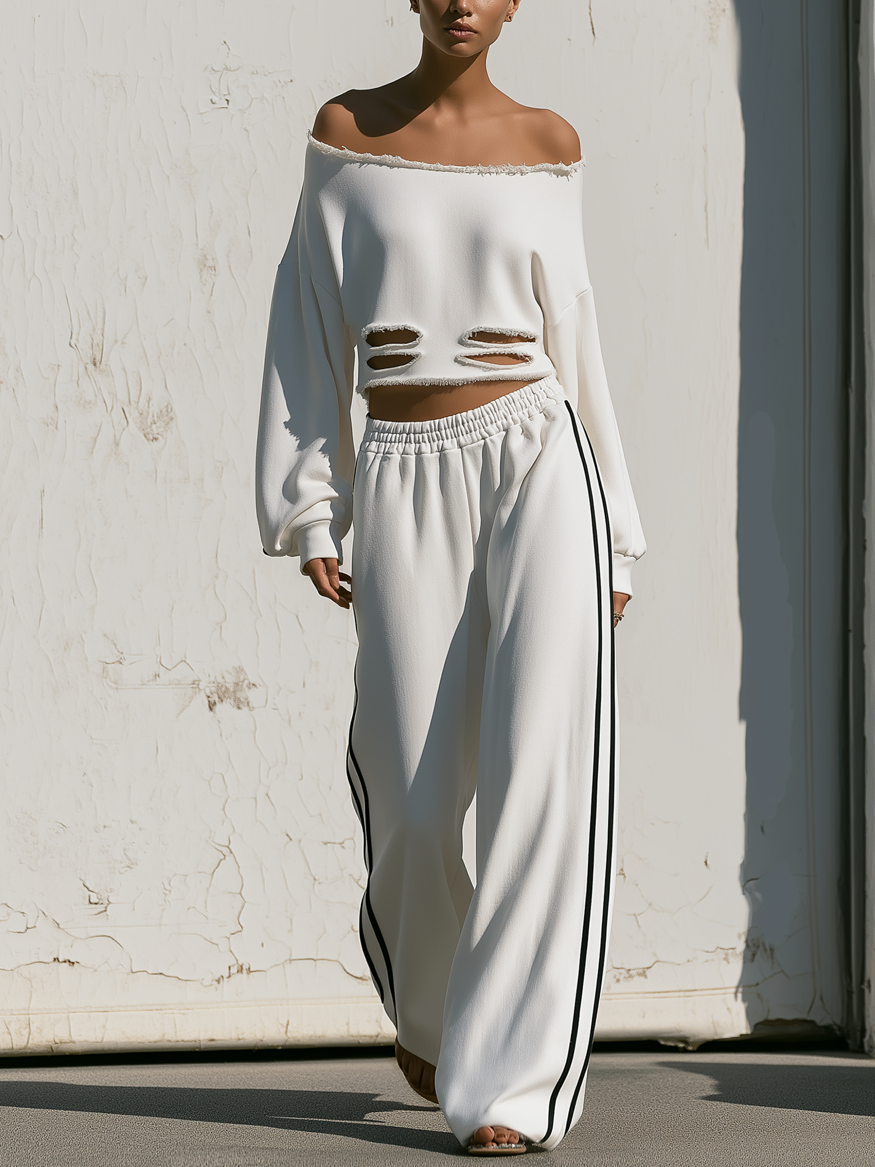 Title: Off‑Shoulder Distressed Side Stripe Sweat Two‑Piece Set