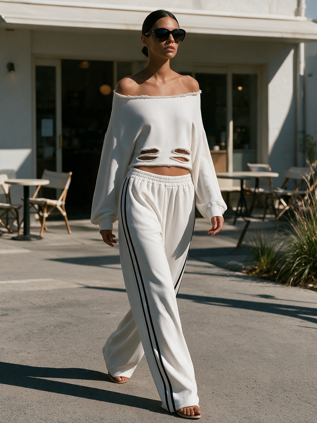 Title: Off‑Shoulder Distressed Side Stripe Sweat Two‑Piece Set