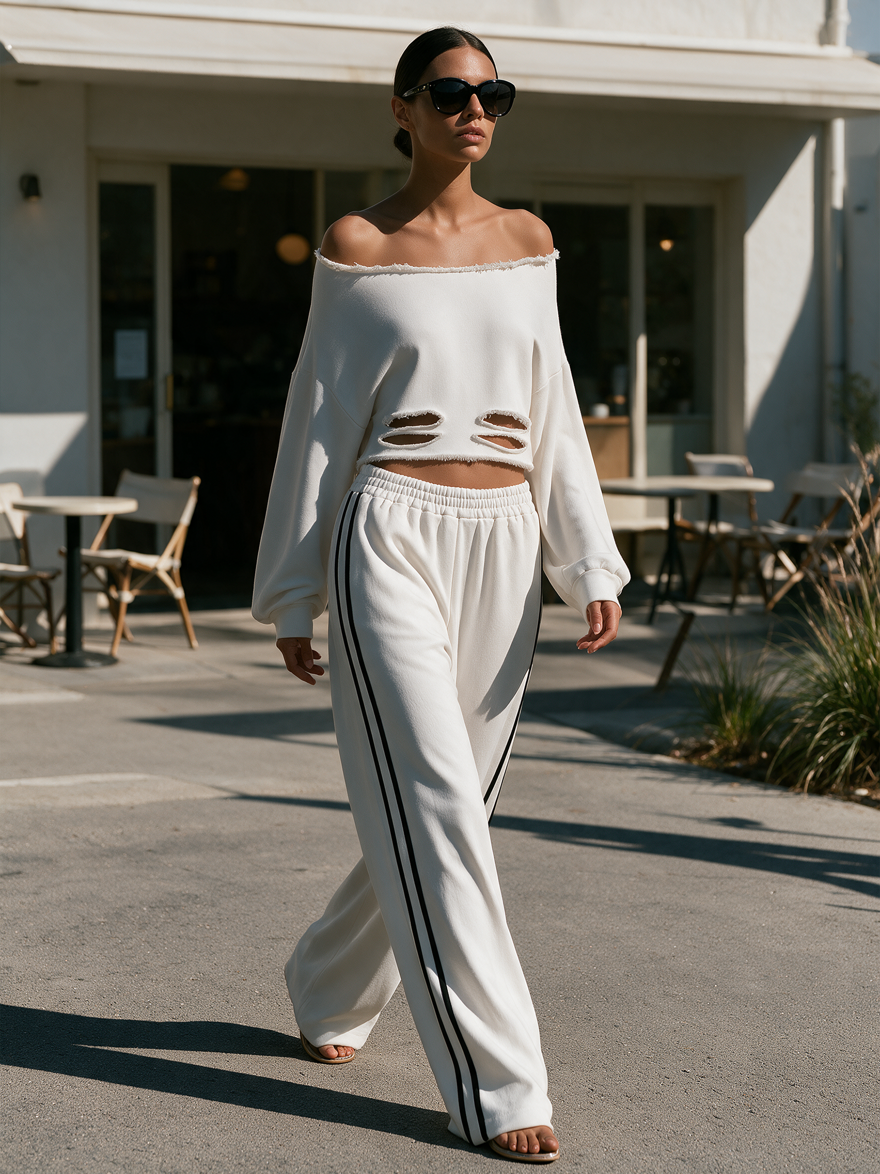 Title: Off‑Shoulder Distressed Side Stripe Sweat Two‑Piece Set