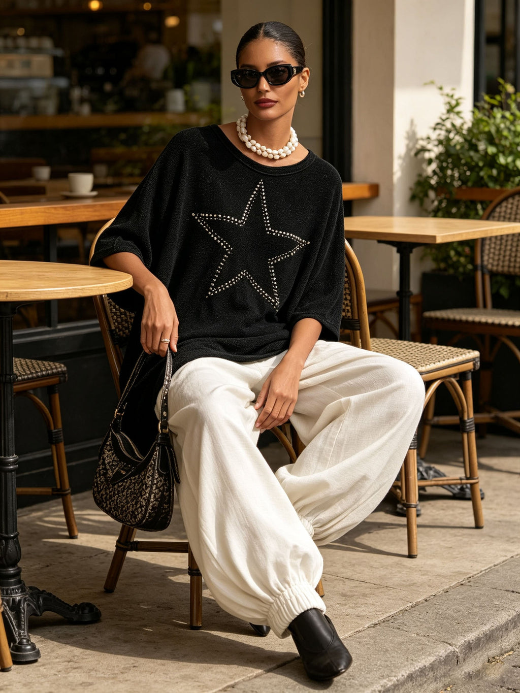 Rhinestone Star Asymmetrical Tunic Top & Linen‑Look Harem Pants 2‑Piece Outfit