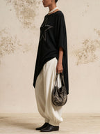 Rhinestone Star Asymmetrical Tunic Top & Linen‑Look Harem Pants 2‑Piece Outfit