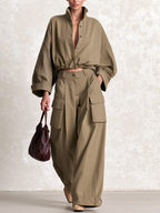 Stand Collar Cropped Drawstring Shirt & Cargo Wide‑Leg Pants Two‑Piece Set
