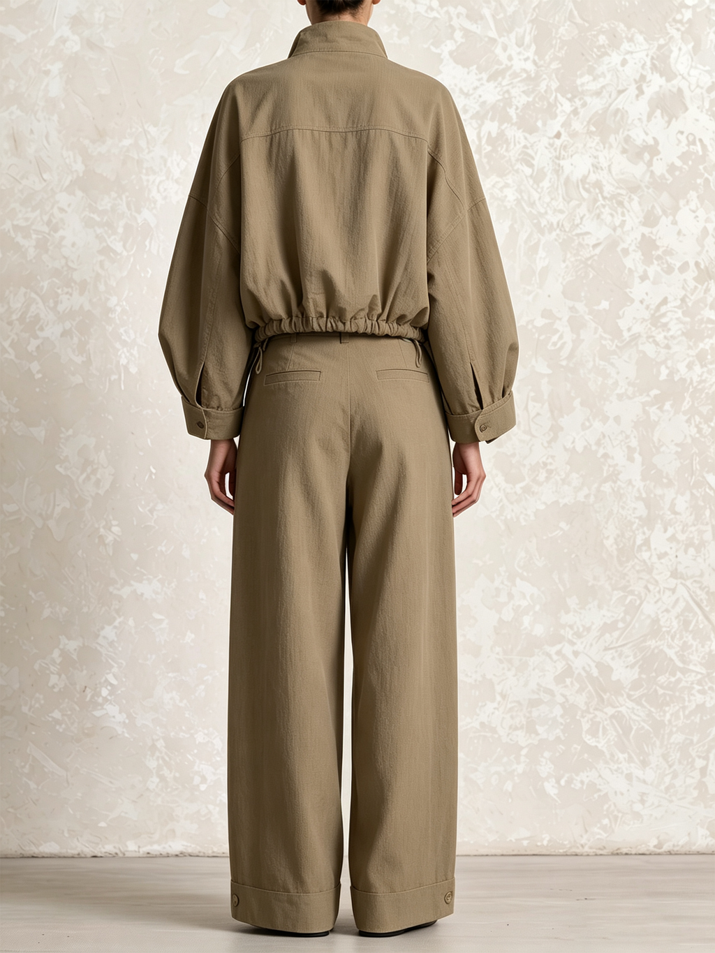 Stand Collar Cropped Drawstring Shirt & Cargo Wide‑Leg Pants Two‑Piece Set