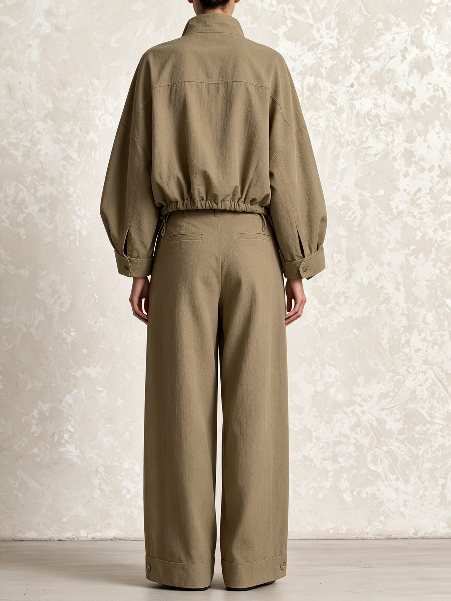 Stand Collar Cropped Drawstring Shirt & Cargo Wide‑Leg Pants Two‑Piece Set