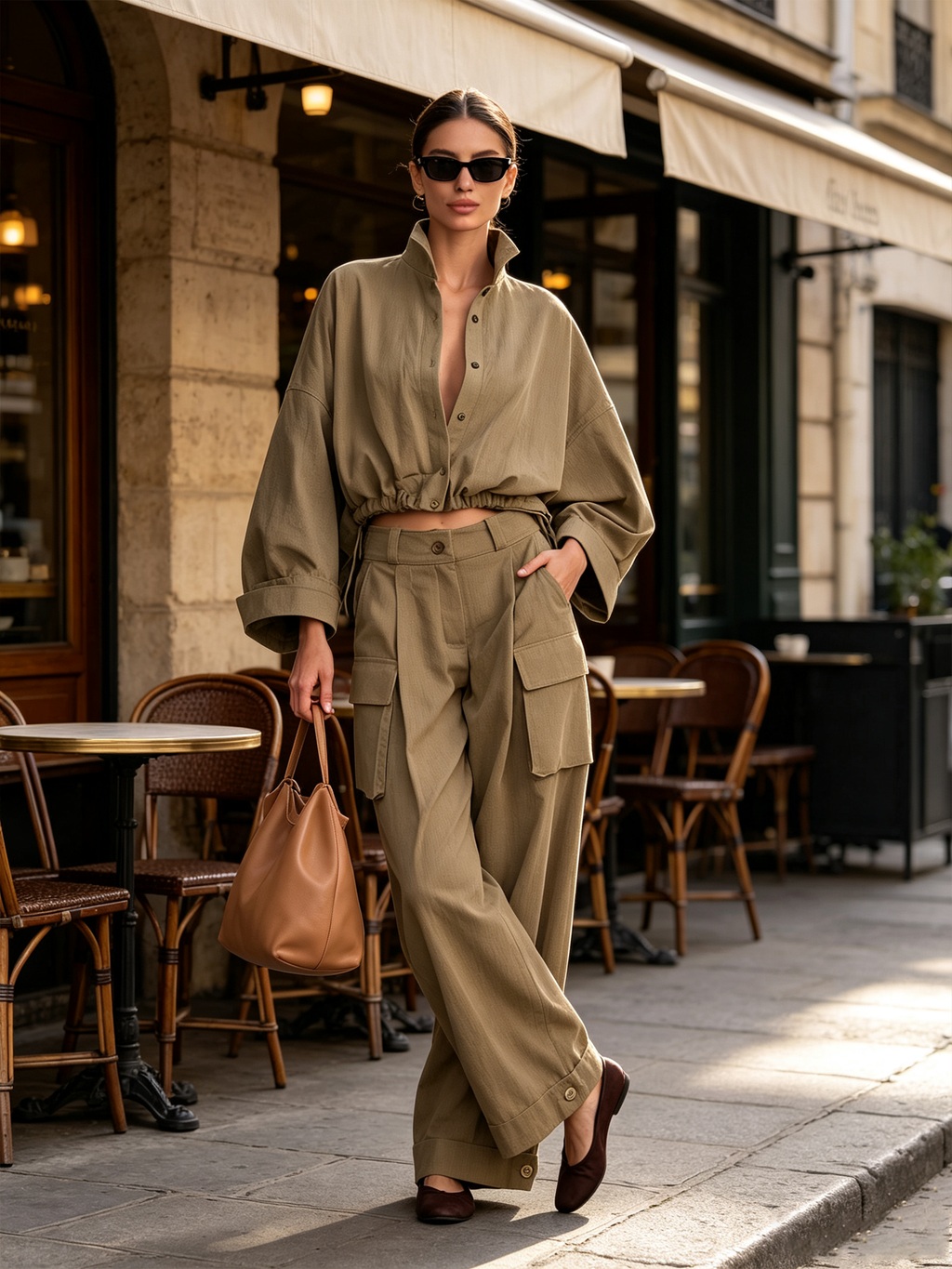 Stand Collar Cropped Drawstring Shirt & Cargo Wide‑Leg Pants Two‑Piece Set