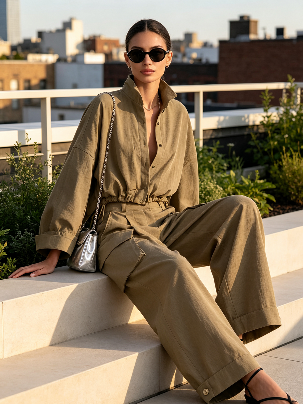 Stand Collar Cropped Drawstring Shirt & Cargo Wide‑Leg Pants Two‑Piece Set
