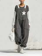 Women’s Oversized Star Patch Bib Overalls – Casual Streetwear Wide-Leg Denim Jumpsuit