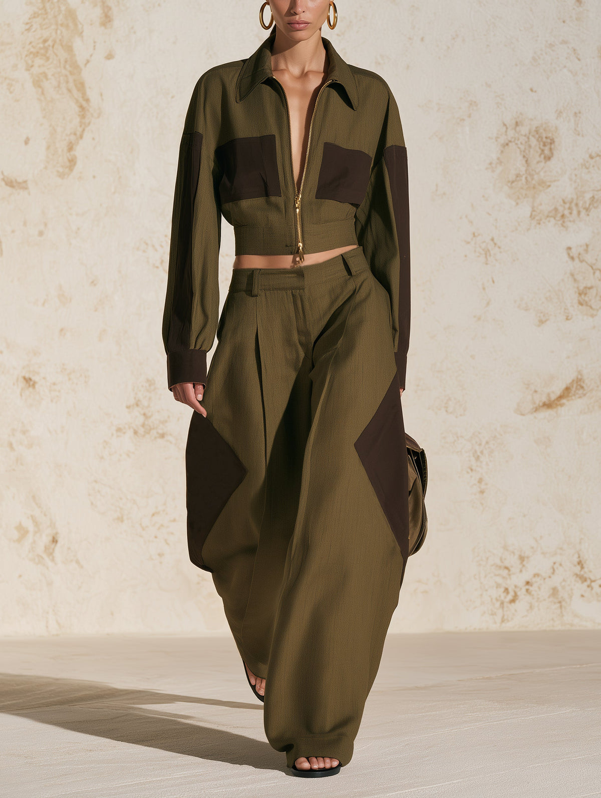Utility Colorblock Zip-Up Jacket & Wide-Leg Pants Set