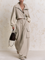 Zip‑Up Collar Cropped Sweatshirt & Cargo Wide‑Leg Sweatpants Two‑Piece Set