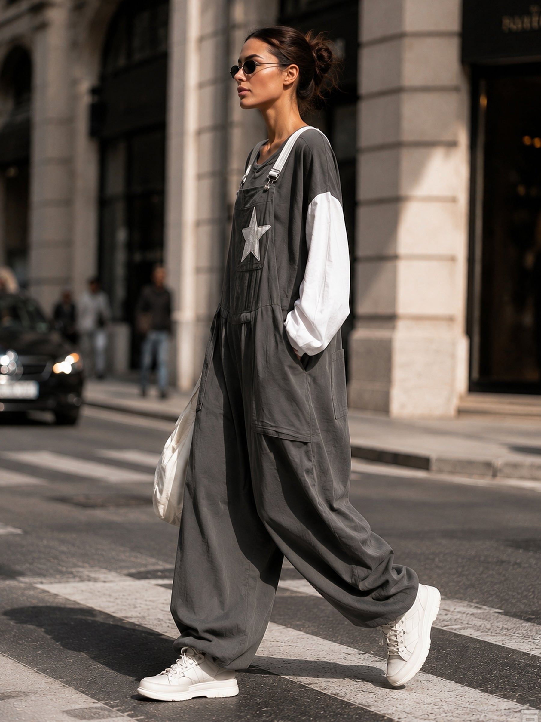 Women’s Oversized Star Patch Bib Overalls – Casual Streetwear Wide-Leg Denim Jumpsuit