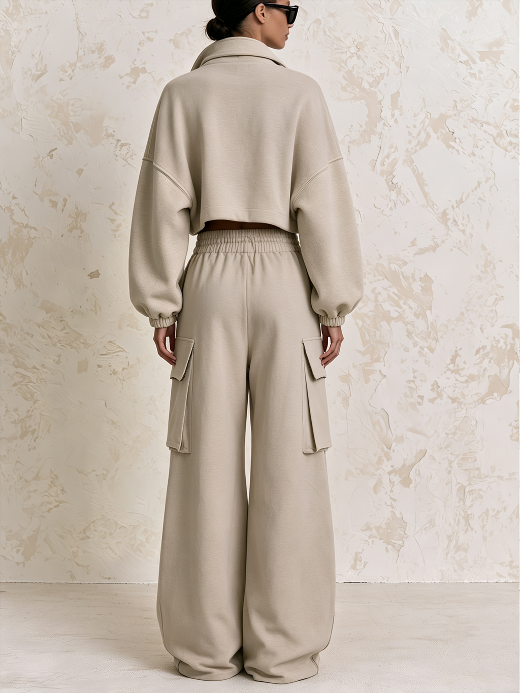 Zip‑Up Collar Cropped Sweatshirt & Cargo Wide‑Leg Sweatpants Two‑Piece Set