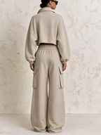 Zip‑Up Collar Cropped Sweatshirt & Cargo Wide‑Leg Sweatpants Two‑Piece Set
