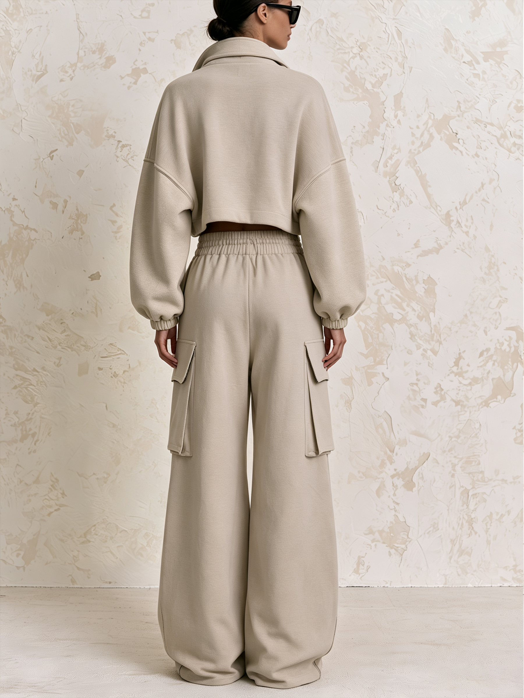 Zip‑Up Collar Cropped Sweatshirt & Cargo Wide‑Leg Sweatpants Two‑Piece Set