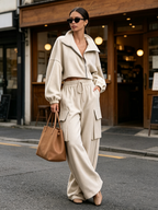 Zip‑Up Collar Cropped Sweatshirt & Cargo Wide‑Leg Sweatpants Two‑Piece Set