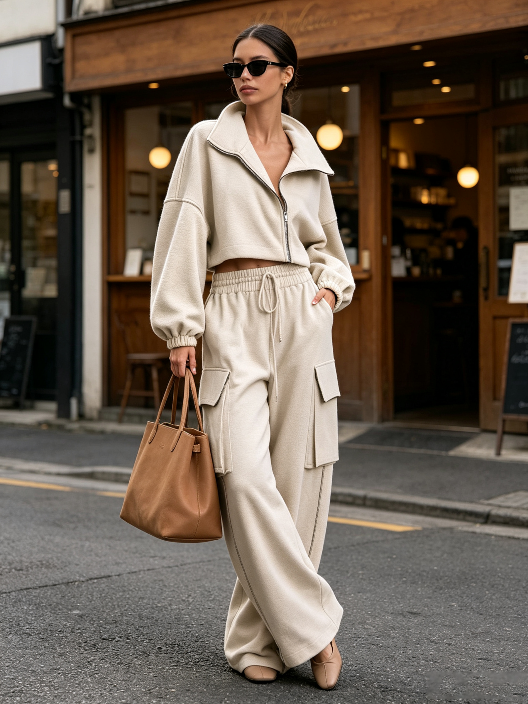Zip‑Up Collar Cropped Sweatshirt & Cargo Wide‑Leg Sweatpants Two‑Piece Set