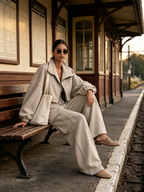 Zip‑Up Collar Cropped Sweatshirt & Cargo Wide‑Leg Sweatpants Two‑Piece Set