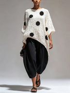 Women’s Oversized Textured Polka Dot Tunic Top – Minimalist Black & White Casual Chic Blouse