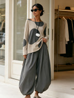Polka Dot Loose Top & Balloon Harem Pants 2‑Piece Linen‑Blend Set
