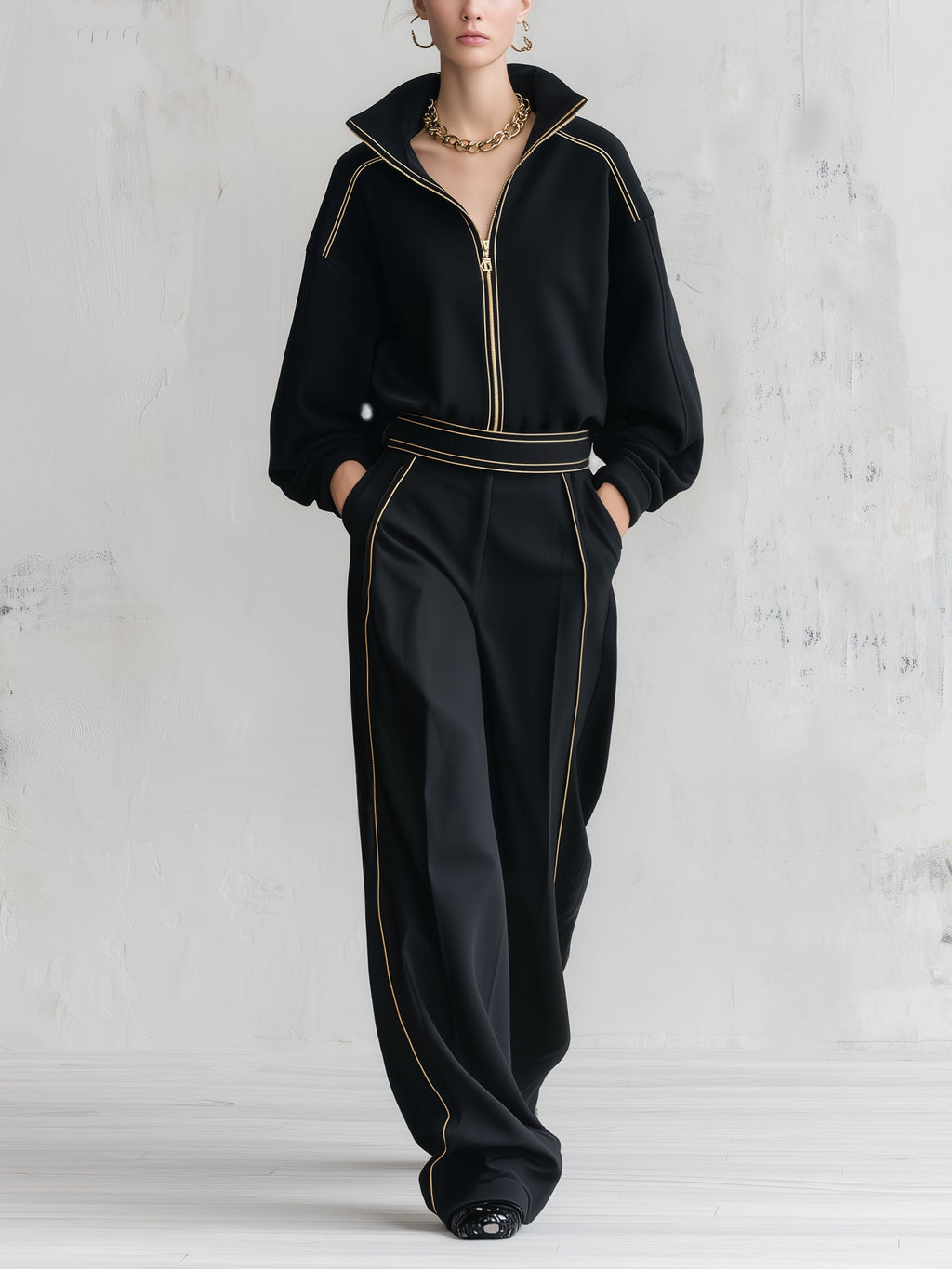 Luxe Gold-Trimmed Black Two-Piece Tracksuit Set