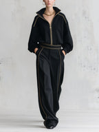 Luxe Gold-Trimmed Black Two-Piece Tracksuit Set