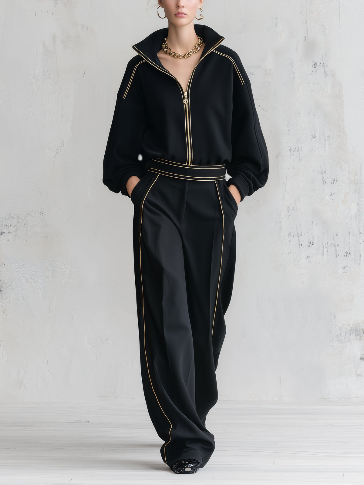 Luxe Gold-Trimmed Black Two-Piece Tracksuit Set