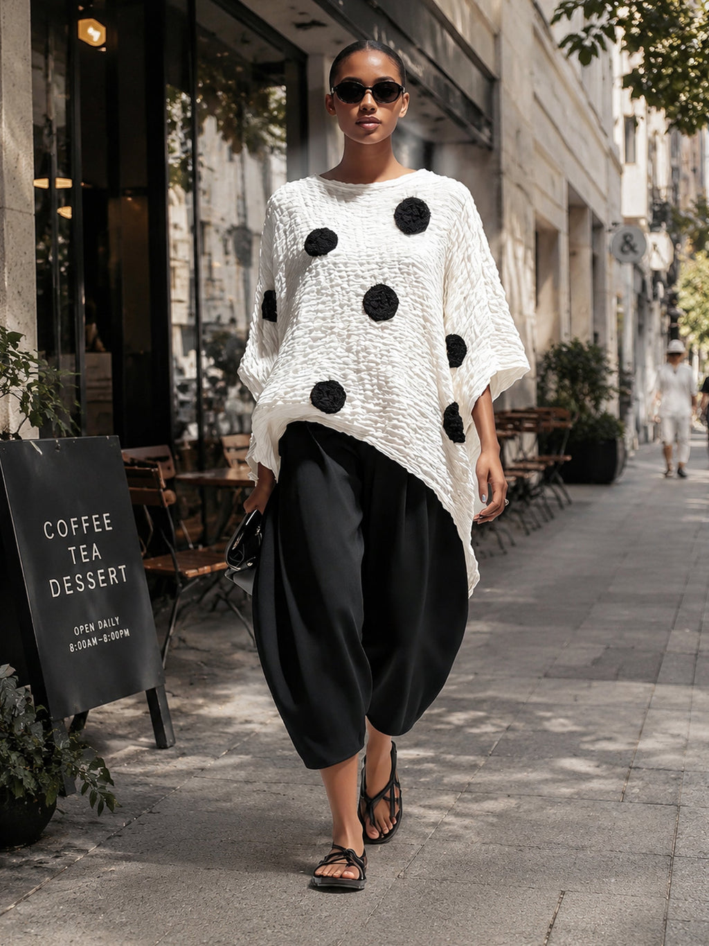 Women’s Oversized Textured Polka Dot Tunic Top – Minimalist Black & White Casual Chic Blouse