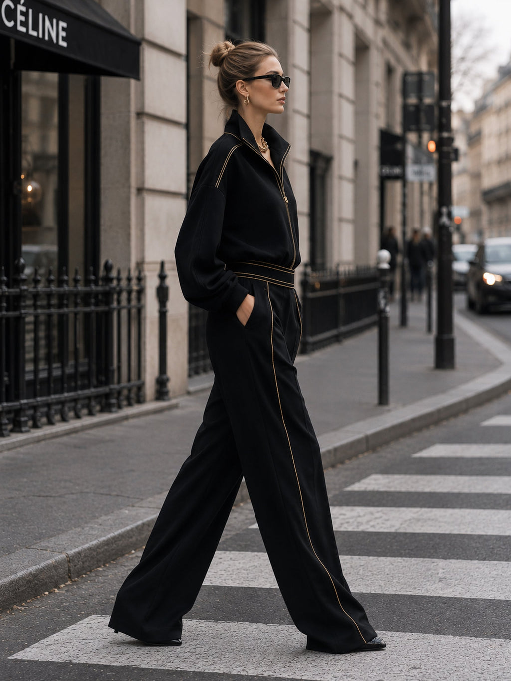 Luxe Gold-Trimmed Black Two-Piece Tracksuit Set