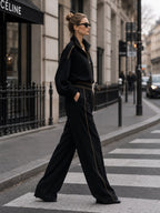 Luxe Gold-Trimmed Black Two-Piece Tracksuit Set